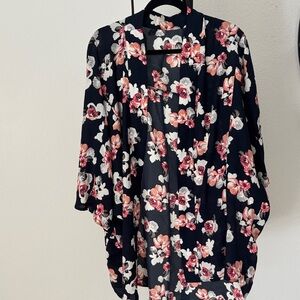 Floral Kimono Cardigan - Navy Blue and Pink